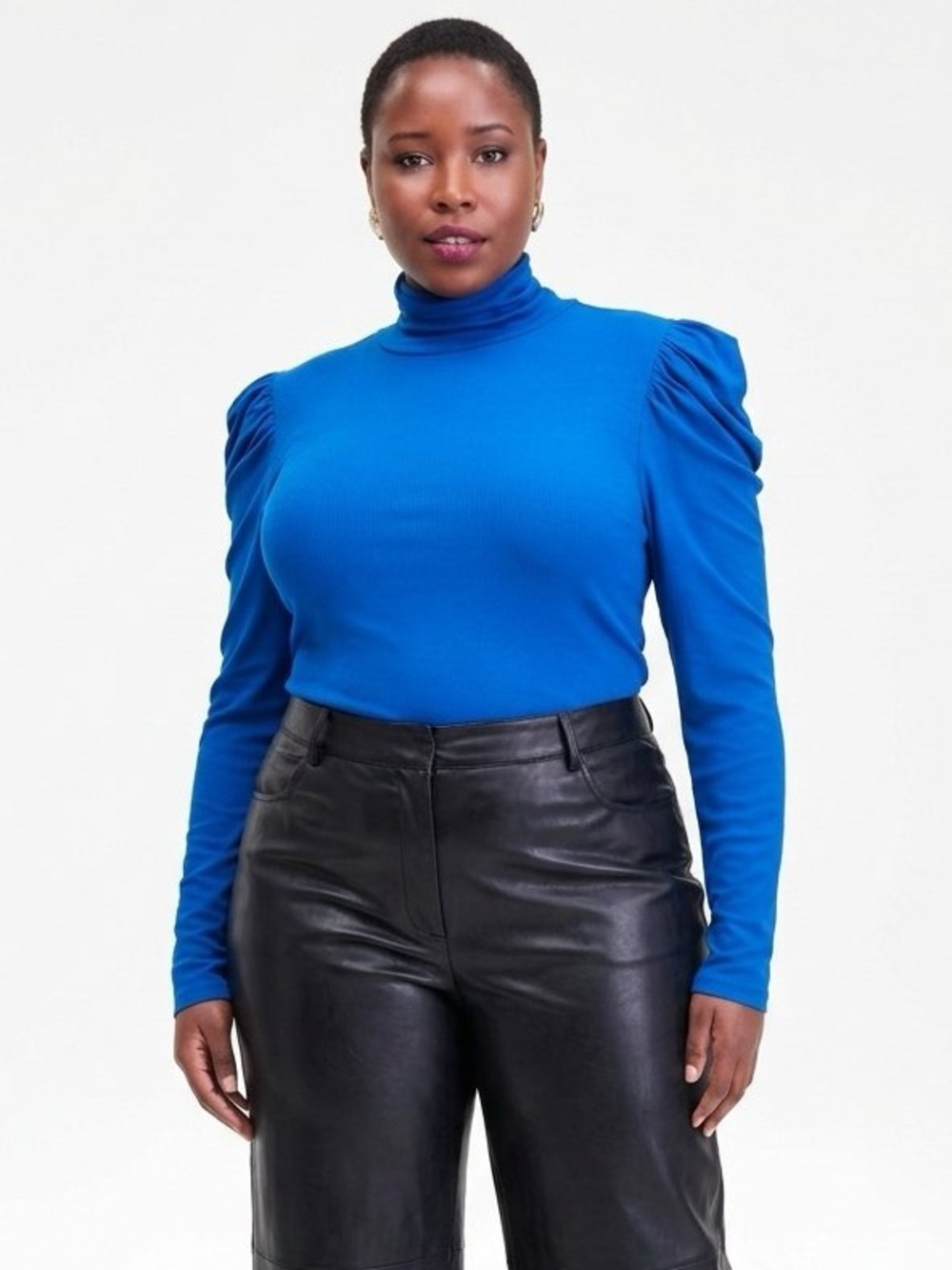 Blue Puff-Shoulder Ribbed Turtleneck I.N.C. International Concepts